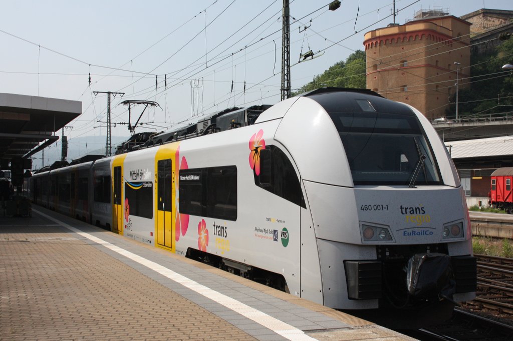 Mittelrheinbahn bzw Trans Regio 460 001-1  BUGA 2011  steht am 21.5.11 abfahrbereit in Koblenz Hbf.