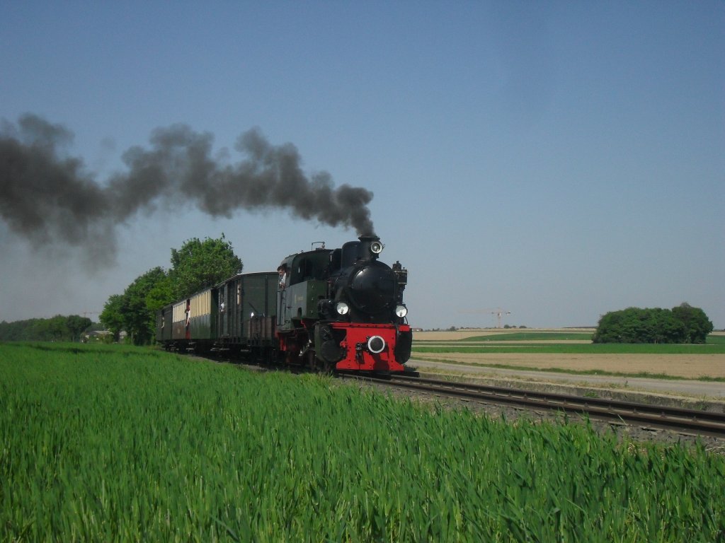 Mitten auf dem Feld fahren noch die Dampfzge der Selfkantbahn. Lok 101 machte am 25.4.2011 ordentlich Dampf!