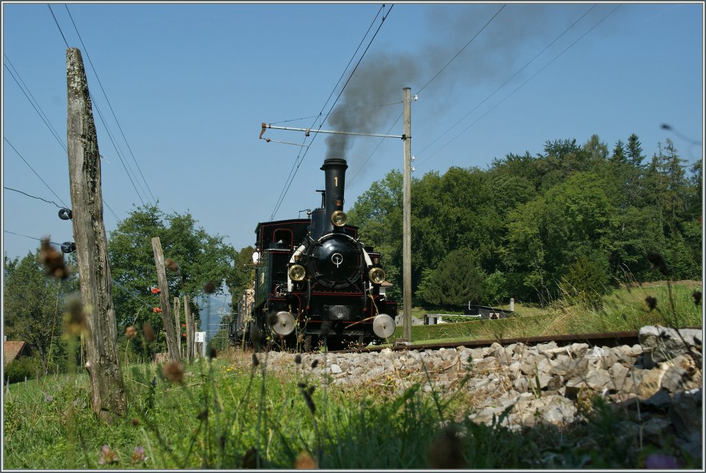 MOB-stalige bei der B-C. G 3/3 N 1 mit einem Gterzug kurz vor Chaulin.
9. Sept. 2012
