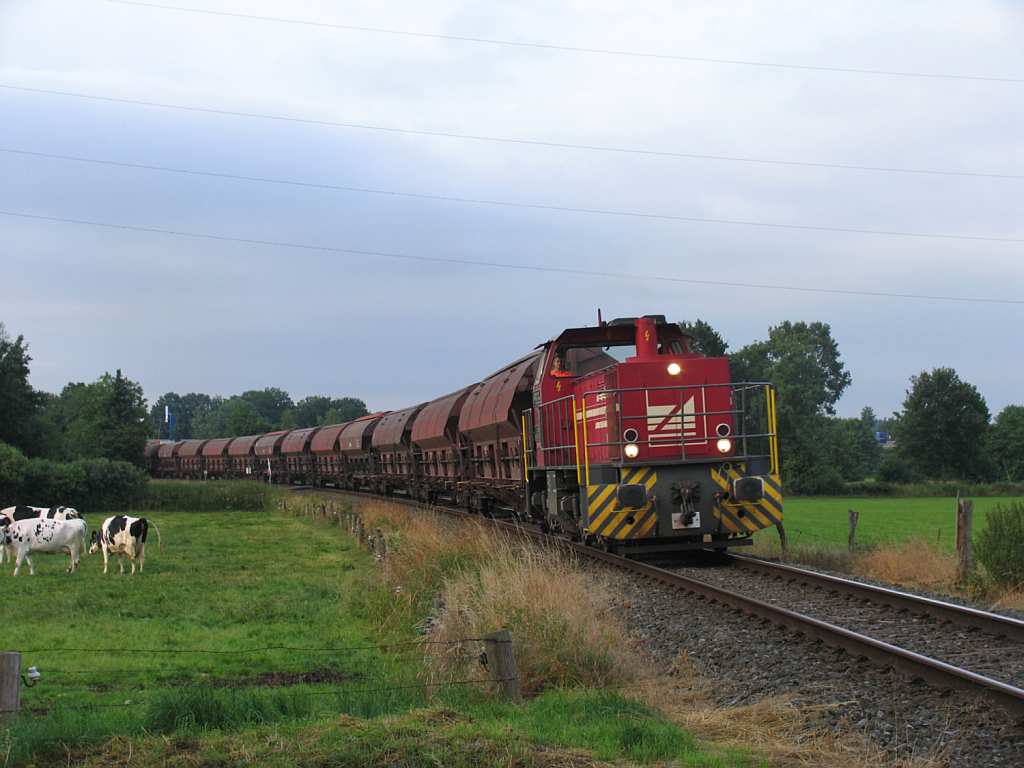 Morgens frh  brumt die D23 (270 011-6) der Bentheimer Eisenbahn AG mit einem Gterzug von Bentheim Nord durch Neerlage am 11-7-2012.