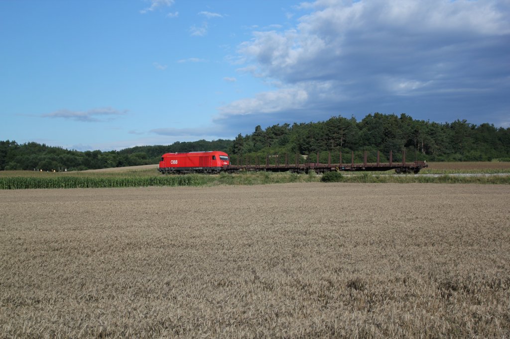 Morgens, werktags, fhrt ein Gterzug Richtung Oberloisdorf an der Burgenlandbahn und nimmt meist leere Gterwaggons mit, Nhe Unterfrauenhaid, Juli 2012