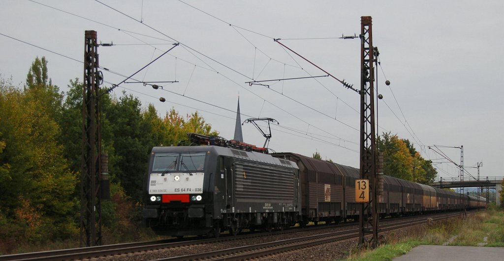 MRCE 189 936 SE (ES 64 F4 - 036) mit ARS-Zug, fhrt in Thngersheim Richtung Gemnden. 01.10.2012