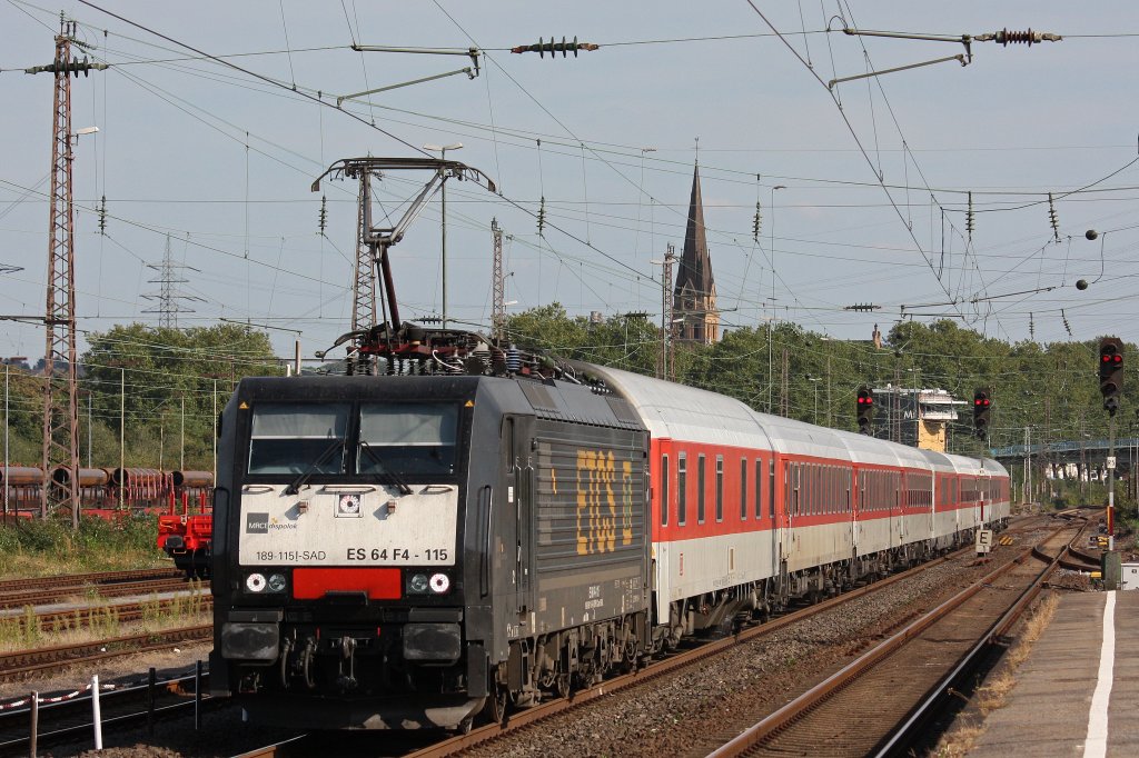 MRCE/DB Autozug ES 64 F4-115 am 9.9.12 mit einem Autozug zur Bereitstellung nach Dsseldorf Hbf bei der Durchfahrt durch Mlheim-Styrum.