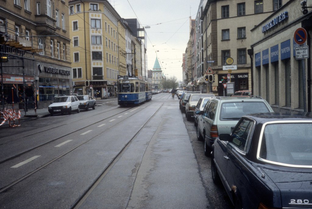 M�nchen MVV Tramlinie 20 (M5.65 2659) Dachauer Strasse / Karlstrasse im April 1990.