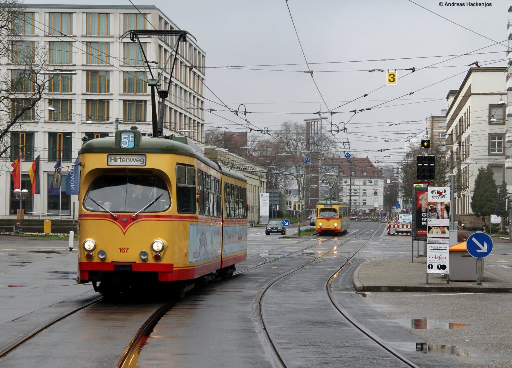 Museumswagen 167 auf Sonderfahrt und tw 207 als 5 nach Rintheim an der Oberpsotdirektion 19.3.11