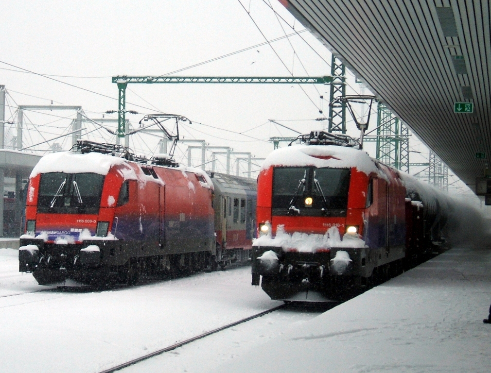 MV-Cargo (jetzt Rail Cargo Hungaria)1116 009-0 mit einem RoLa-Zug nach Kiskundorozsma und 1116 018-1 mit einem Gterzug am Bahnhof Budapest-Kelenfld, am 30. 01. 2010.   