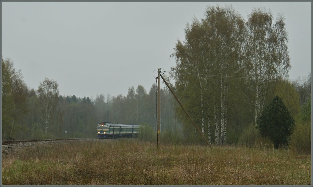 Nach den bunten Bildern aus Estland, hier nun eher gedmpfte Farben: 
Der DR1-B N3707 kommt hier mit Zwischenwagen und Steuerwagen auf Weg nach Prnu als Zug 0231 aus dem Wald.
5. Mai 2012 