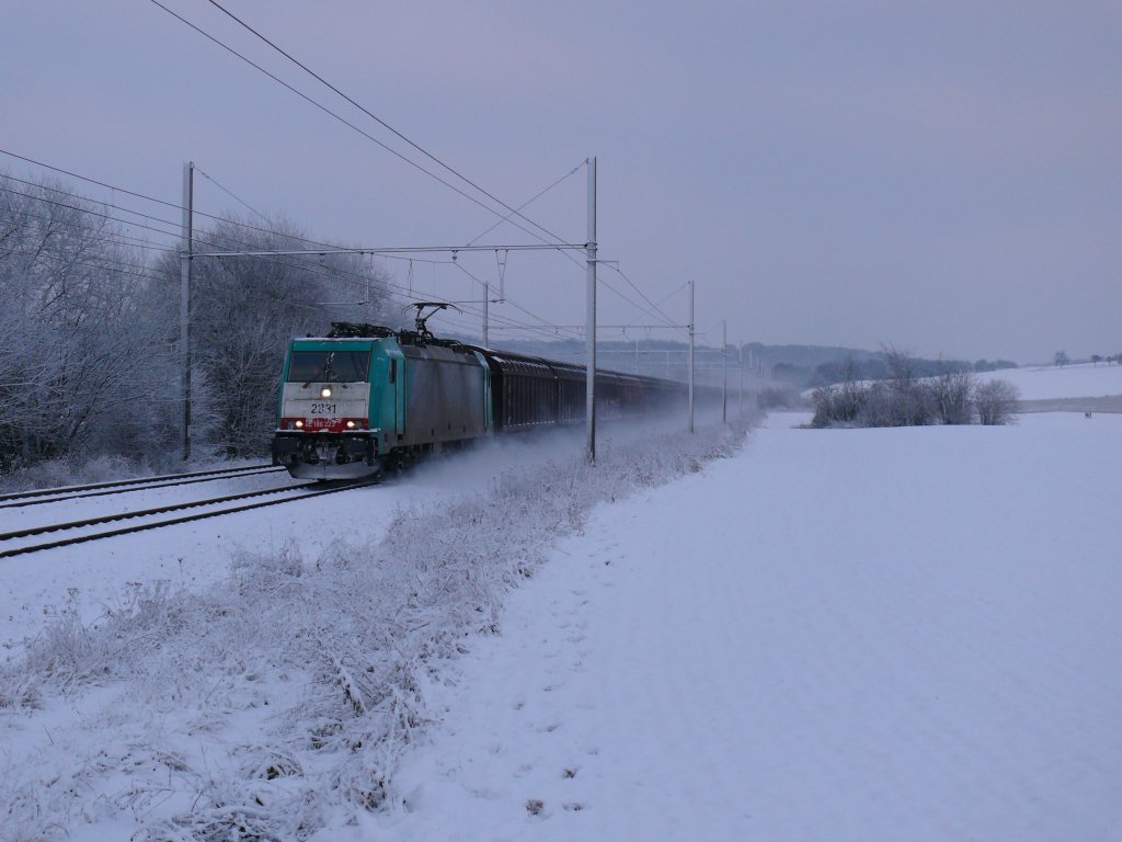 Nach fast einer Stunde Warten bei minus 6 Grad bog 2831 endlich auf die lange Gerade bei Warsage kurz vor Vis. Aufgenommen am 03/01/2010.