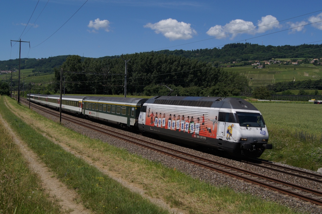 Nach ber 15 roten Re 460 folgte mit der Re 460 101-9 endlich die erste Werbelok des Tages. Das Bild wurde am 22.6.12 bei Allaman aufgenommen.