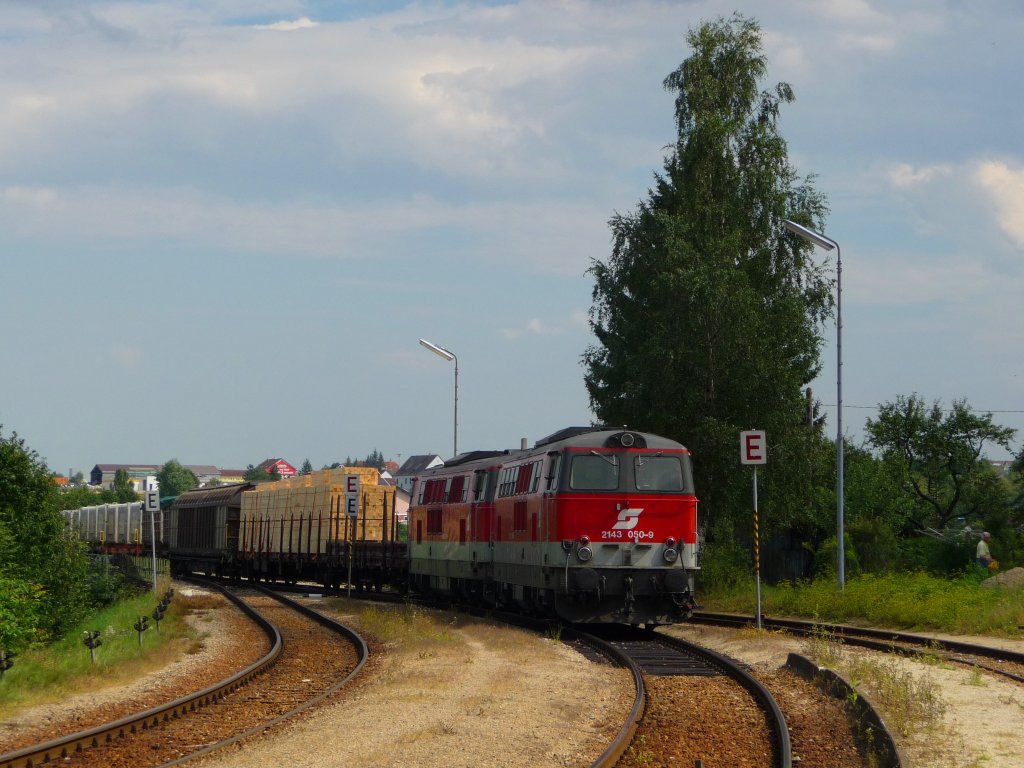 Nach der berquerung der Zwettler Eisenbahnbrcke wurde der von der 2143.50 und 2143.58 gezogene Gterzug fr mehr als eine halbe Stunde abgestellt und den Gegenzug abzuwarten.