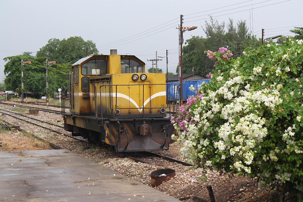 Nach wie vor steht (die meiste Zeit im wahrsten Sinne des Wortes) die HAS 75 (C, dh, Henschel, Bauj.1985, Fab.Nr.32845) als Verschubreserve im Bf. Surat Thani zur Verfuegung. Bild vom 17.Mai 2013. 

