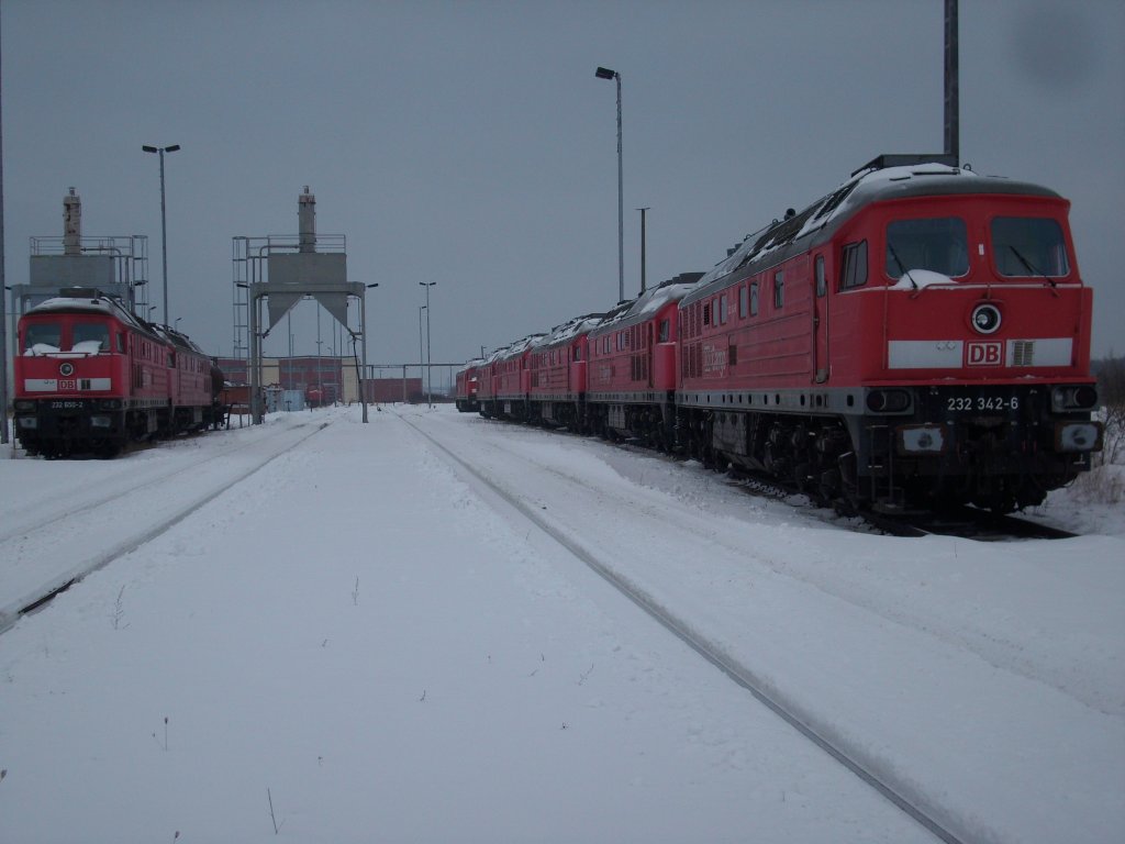 Nachdem am 09.Februar 2010 der geplante Lokzug mit neun 232er gestrichen worden ist,stehen die eigentlich zur Verschrottung vorgesehenden 232er erst einmal weiter in Mukran.