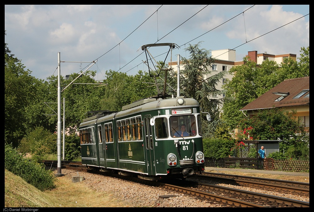 Nachdem OEG 81 im Juni 2007 abgestellt wurde, glaubte keiner daran, das er so schnell wieder den Duft der groen, weiten Region schnuppern drfte. Nach einer grndlichen Hu, einem leichten Umbau des Innenraumes zum Gesellschaftswagen und einer Optimierung der Auenlackierung ist der Gt 81 seit Mrz 2010 wieder auf Tour durch die Metropolregio Rhein-Neckar. Am 15. Mai 2011 konnte ich ihn im Rahmen der IGN-Jahresfahrt kurz vor dem Hp Viernheim Ost fotografieren