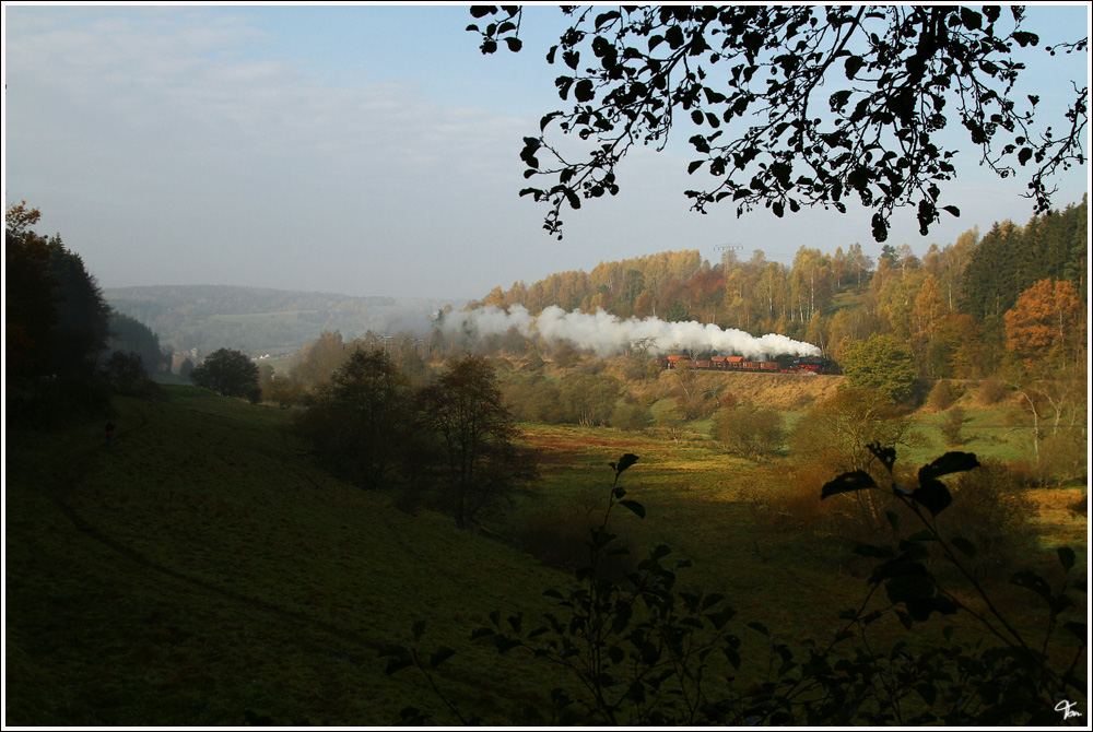 Nahe Benshausen entstand dieses Bild der Dampflok 50 3501 mit einem Fotog�terzug von Meiningen nach Zella-Mehlis - Plandampf Werratal. 
29.10.2011

