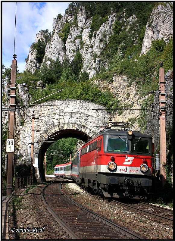 Nahe Breitenstein rollt die 1142 665 mit dem IC 252 den Semmering talwrts. 05.09.2009  