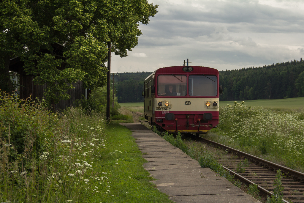 Nebenbahnidylle am Haltepunkt Peřina mit 810-676.(Strecke Pobovice-Staňkov,9.Juni 2012)