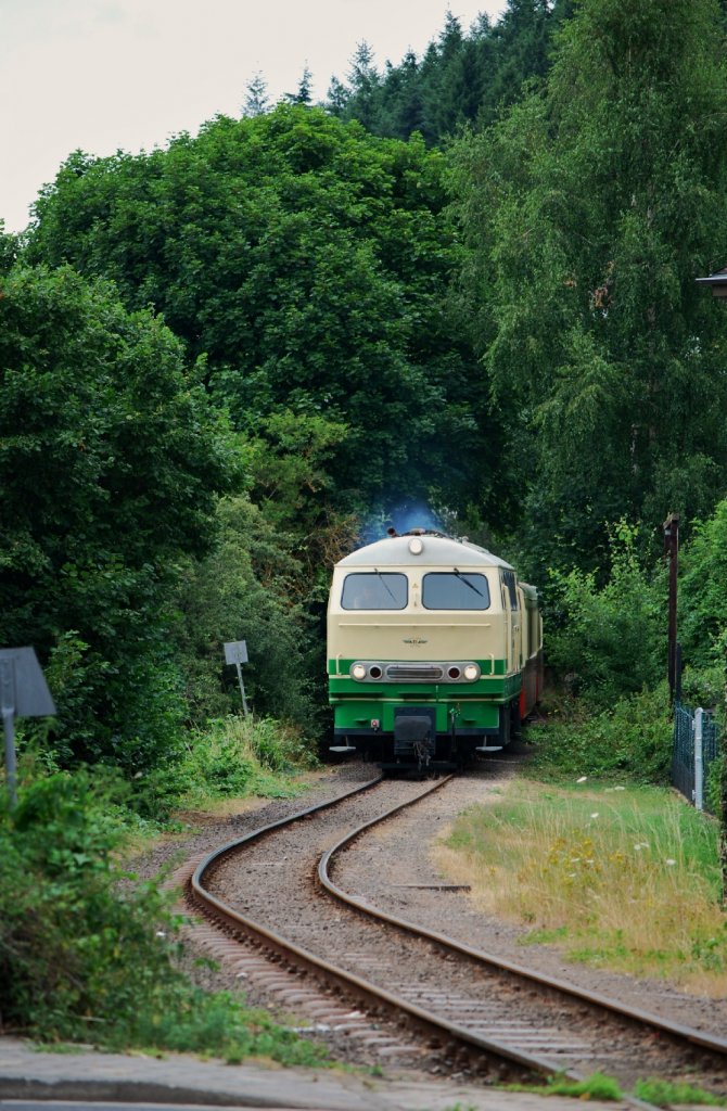 Nein, das ist keine grn-beige 218, die hier ihren Personenzug durch den Baumtunnel zieht. Dafr wren die Meterspurgleise der Brohltalbahn wohl auch zu schwach. Auf den ersten Blick ist die 1966 bei Henschel gebaute D5 aber wegen des nachtrglich angebrachten  Khlergrills  doch zu verwechseln. 