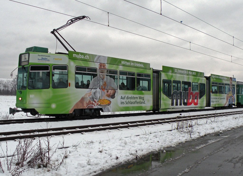 Neu hat der Be 4/6 S mit der Betriebsnummer 661 zwei neue Gesichter auf der linken Seite erhalten. Hier fhrt der Wagen zur Haltestelle Rothausstrasse auf der Linie 14. Die Aufnahme stammt vom 04.02.2013.