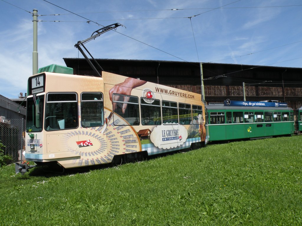 Neu macht der Motorwagen mit der Betriebsnummer 502 Werbung fr den Schweizer Kse le Gruyre. Der gleiche Wagen machte bereits in den Jahren 2007 - 2008 Werbung fr diesen Schweizer Kse. Die Aufnahmne stammt vom 10.05.2012. 