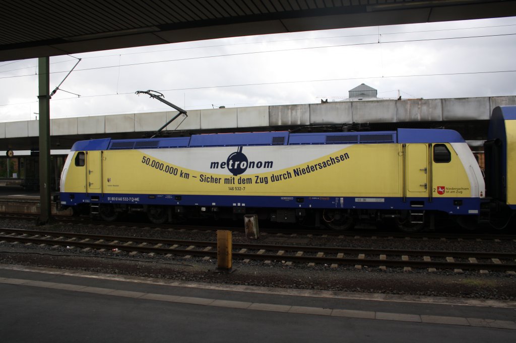 Neue Metronom Werbelok die1 146 532-7 in Hannover HBF am 10.08.2011.