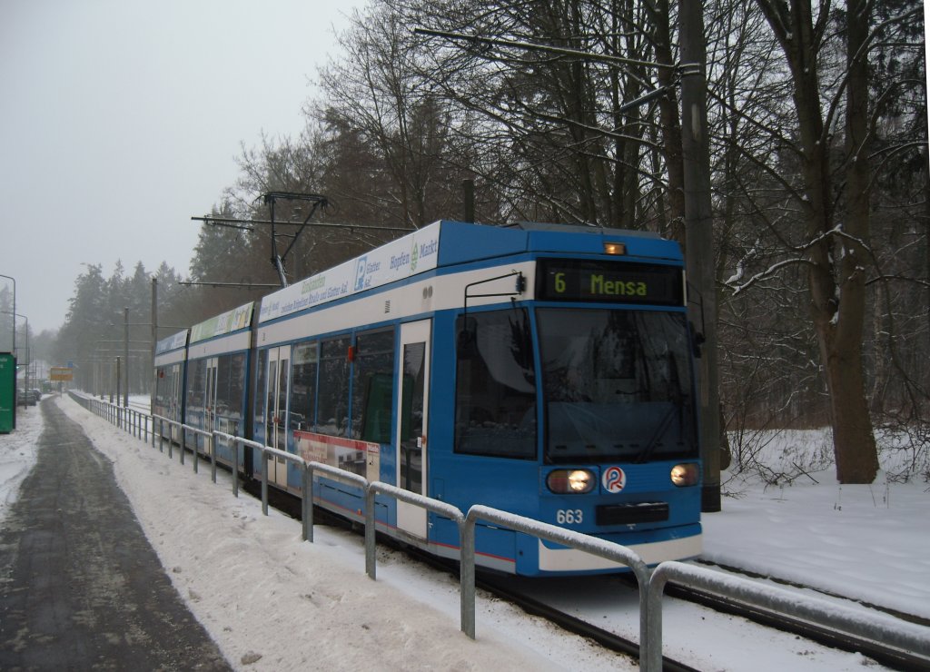 NGT 663 fhrt auf die Brcke ber die Eisenbahnstrecke Rostock-Wismar (kurz hinter Hst.Neuer Friedhof). Hierbei handelt es sich um die einzige eingleisige Strecke im Straenbahnnetz von Rostock. Es ist auch nur ca. 150m lang.
19.01.2010