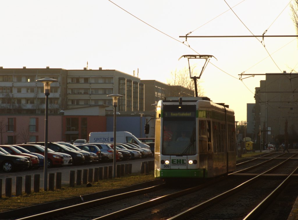 NGT6DE - Wagen 305 fhrt auf der Linie 3 der Dessauer Straenbahn durch Dessau-Alten Rtg. Zentrum. Im Hintergrund rin Teil des Stadtteils.
Dessau, der 2.3.13 - 17.17 Uhr
