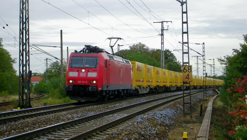 nicht bei bestem Fotografenwetter kommt am 5.10.12 die 185 114-6 mit einem DHL-Containerzug am Bahnbergang Rderau vorbei Richtung Riesa