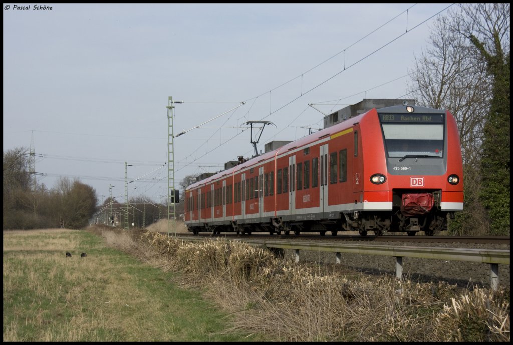 Noch ein Triebzug der Baureihe 425, der 069. Hier zu sehen der  B-Kopf .
Dieser fuhr als RB33 in Richtung Aachen Hbf.
24.03.10 16:50
