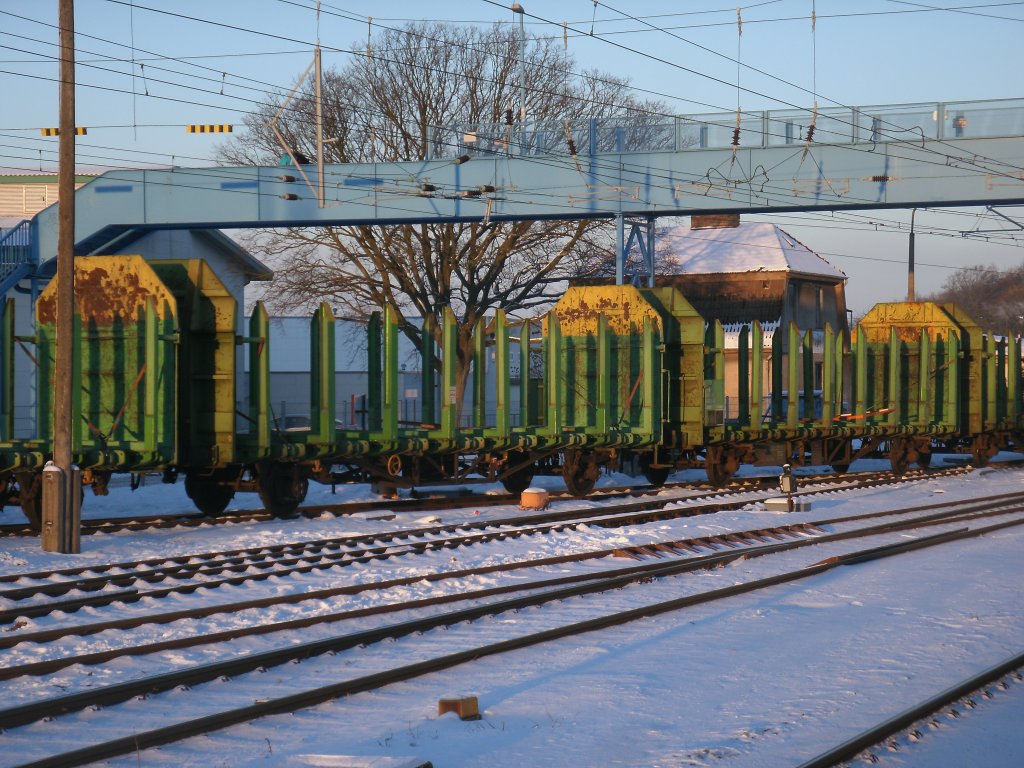 Noch leere Laaps-Wagen wurden,am 07.Dezember 2012,zur Verladung mit Holz,auf der Ladestrae in Bergen/Rgen bereitgestellt.