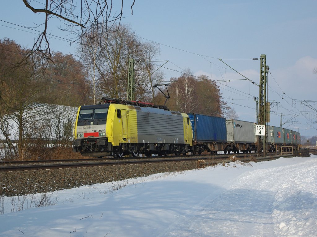Noch eine nachtrgliche sonnige Valentinstags-Impression mit ES 64 F4-009 (E189 909SE) mit Containerzug in Fahrtrichtung Sden bei Wehretal-Reichensachsen. Aufgenommen am 14.02.2010.
