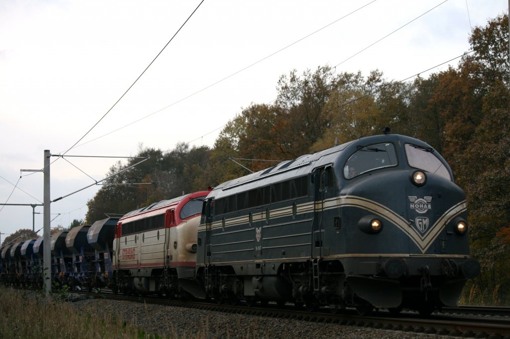 NOHAB V170 Nr.1147 Eichholz Rail und Nr.1149 Strabag mit Railpro Schotterwagen am 28.10.2010 zwischen Rathenow und Nennhausen