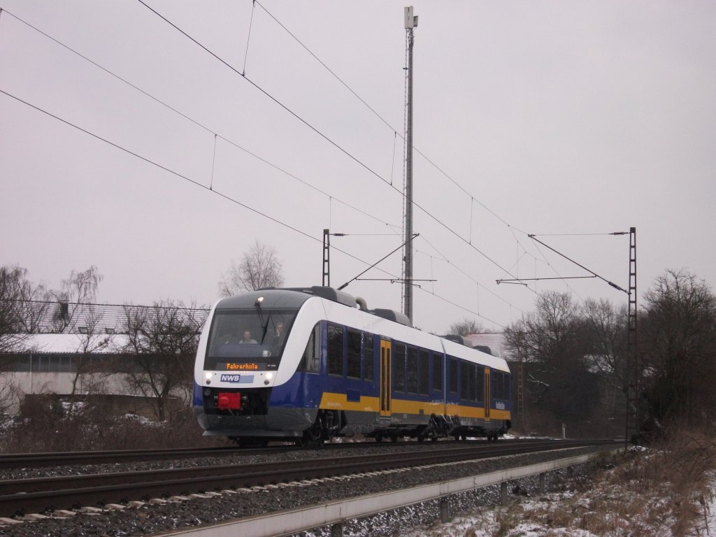 NordWestBahn Lint auf der Gterzugstrecke Hamm - Osterfelder Bahn. 
Auf dem Zugzielanzeiger Steht  Fahrschule  
Am 11.02.10 in Herten 