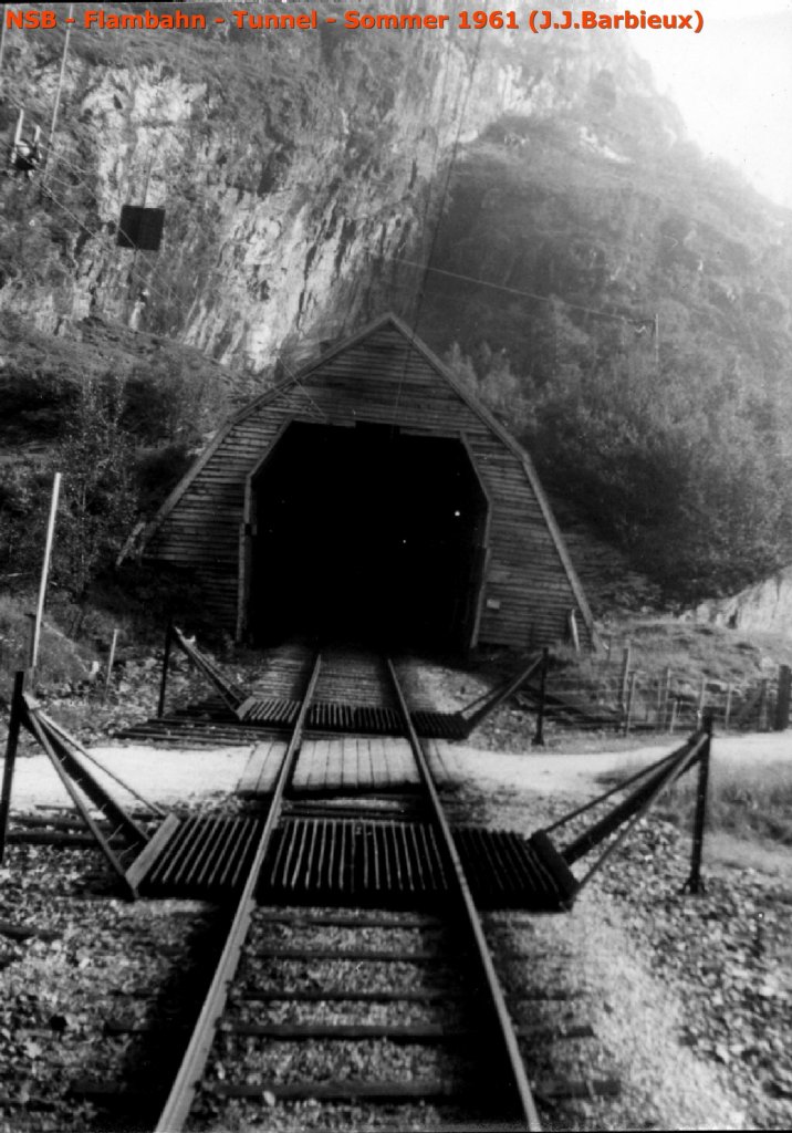 NSB - Immer die Flambahn im Sommer 1961.  Hier sehen Sie eine Schneegalerie aber weiter fhrt der Zug in einem Tunnel - Foto: J.J.Barbieux