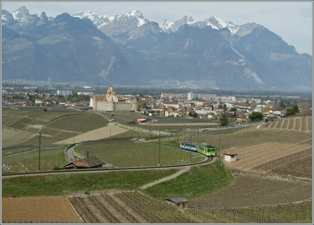 Nun schlägelt sich der ASD Regionalzug 438 am 27. März 2011 durch die ausgerichteten Weinberge bei Aigle Richtung Les Diablerets. 