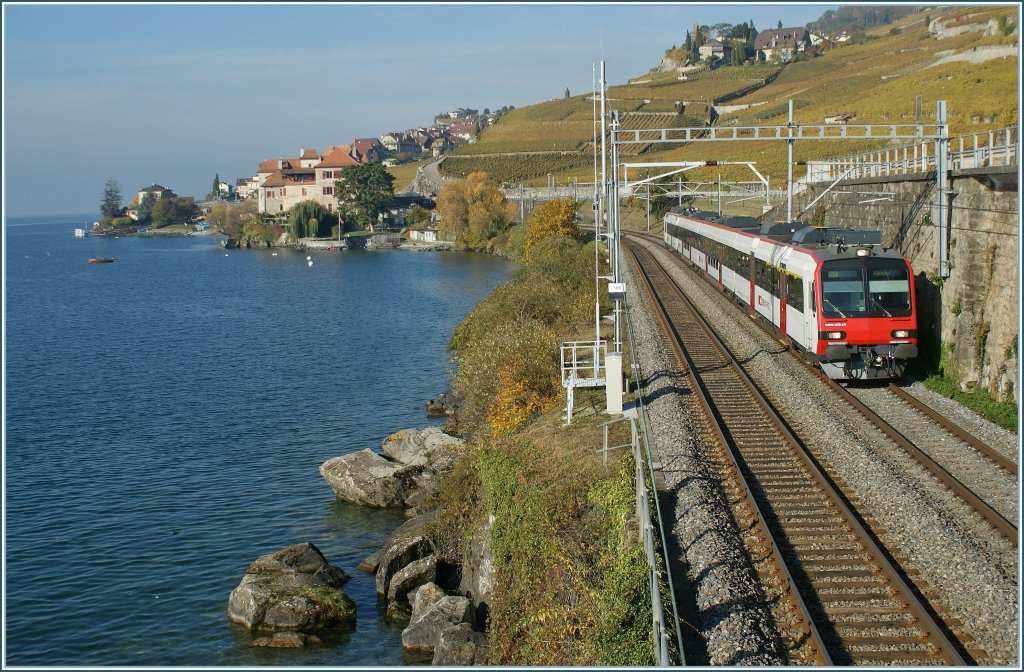 Nur kurz wird wohl der  Domino  am zwischen Lausanne und Villeneuve zu sehen sein, ab dem Fahrplanwechsel sollen die spurtstarken Flirts den gesamten S-Bahnverkehr auf dieser Strecke übernehmen und dann regelmäßig und ohne Ausnahme in La Tour de Peilz halten. 
Das Bild entstand am 29. Okt. 2010 zwischen Rivaz und St-Saphorin.