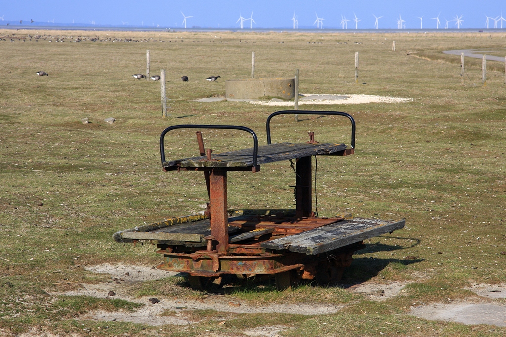 Nur noch als Sitzgelegenheit dient die ehemalige Lore 8 der Halligbahn Lttmoorsiel - Nordstrandischmoor auf einer Weide bei der Norderwarft auf Hallig Nordstrandischmoor. (24.04.2010)