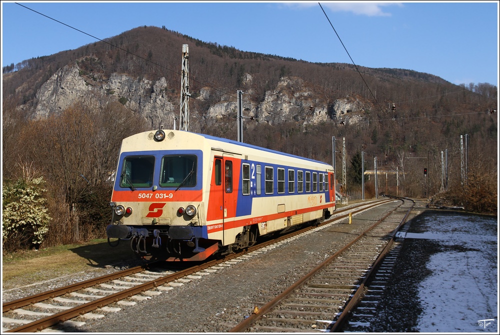 �BB Triebwagen 5047 031 f�hrt als R 8771 auf der �belbacherbahn von Peggau-Deutschfeistritz nach �belbach.  
Deutschfeistritz 25.02.2011