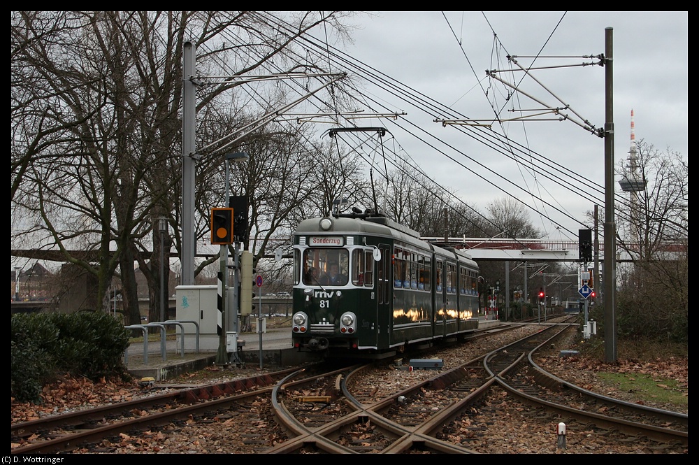 OEG 81, frisch auf den Namen  Sixty  getauft, hat am 04. Februar 2011 aus dem Bahnhof Kurpfalzbrcke herausrangiert und fhrt nun wieder in die Wagenhalle Kfertal.