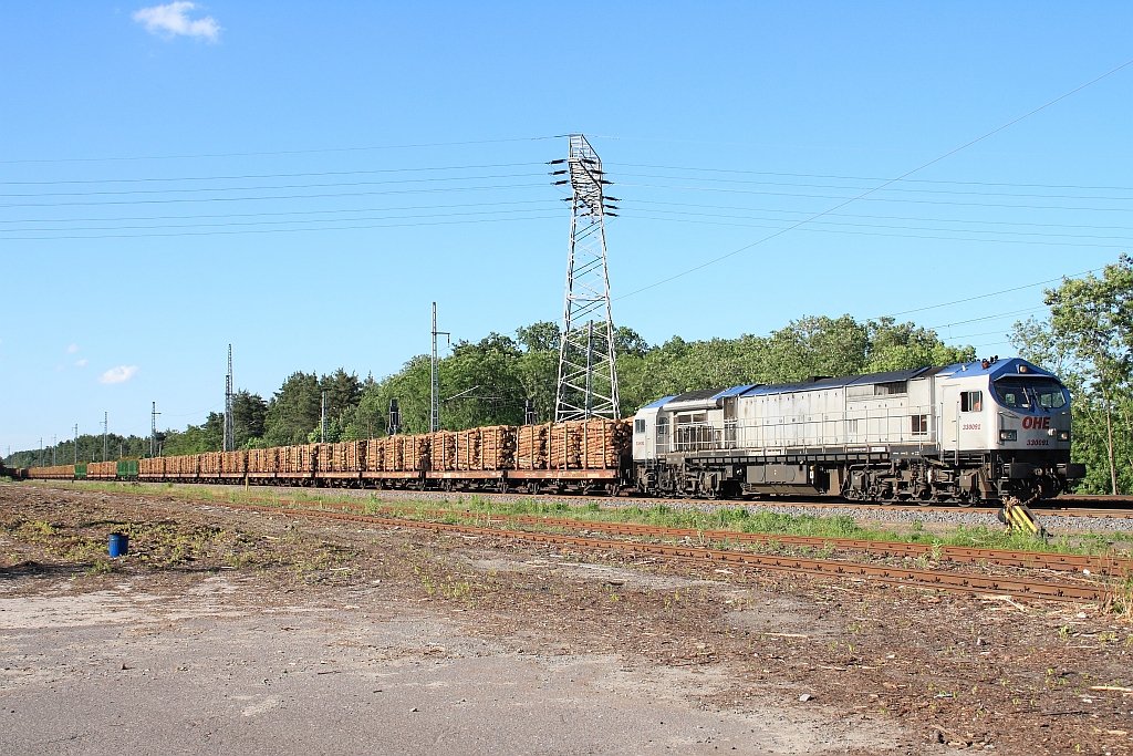 OHE 330091 kommt mit einem Holzzug vom Binnenhafen Eberswalde auf der Industriebahn am alten Containerbahnhof vorbeigerollt. 11.06.2010