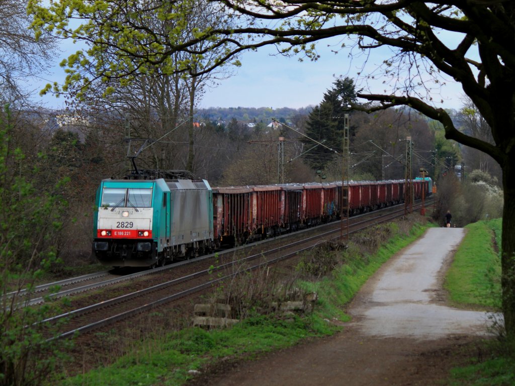 Ohne Schubhilfe geht`s nicht. Mit einem Schrottzug am Haken kommt am 01.04.2011 Cobra 186 221 (2829) die Rampe von Aachen West zum Gemmenicher Tunnel hoch, am Zugende schiebt 185 613-7 bis zum Tunnel nach, um die Last auf der steilen Rampe ohne Probleme nach Belgien zu bringen. 