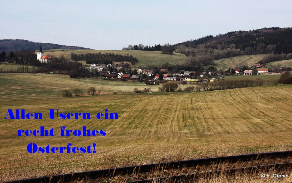 Ostersuchbild: Anstelle von Eiern ist in dieser Landschaft bei Loucim in Tschechien ein Triebwagen der ČD  versteckt . 
Ich wnsche allen Usern von Bahnbilder schne frhlingshafte Feiertage und viel Spass beim Ostereiersuchen (Triebwagensuchen)!

