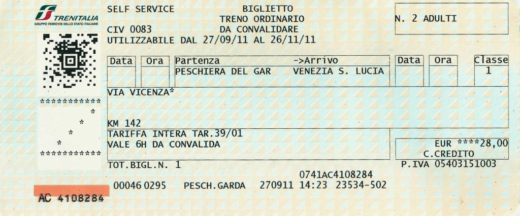 PESCHIERA del Garda (Venetien/Provinz Verona), 03.10.2011, Fahrkarte für eine einfache Fahrt von Peschiera del Garda nach Venezia Santa Lucia für zwei Personen 1. Klasse -- Fahrkarte eingescannt