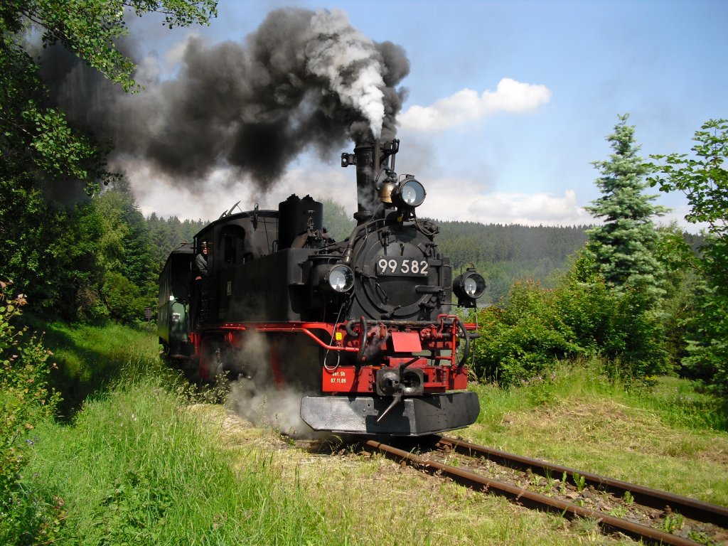 Pfingstdampf in Schnheide am 11.06.11. 99 582 ist hier zwischen Neuheide und Schnheide unterwegs.