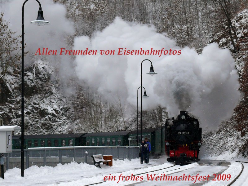 Plandampf mit 99 1771-7 (DR 99 771; DB 099 736-1), die erste VII K Neubaulok, auf der Weißeritztalbahn Freital-Hainsberg - Dippoldiswalde; hier an der Rabenauer Mühle, 18.02.2009