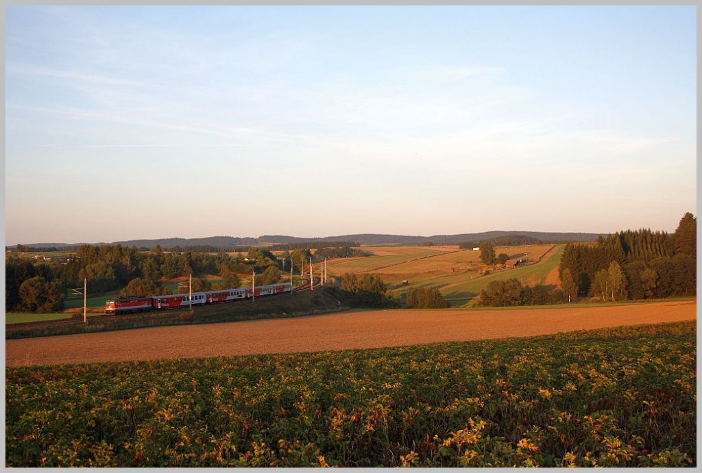 Planverkehr auf der nrdlichen Franzl-Bahn: Kurz vor Sonnenuntergang fhrt REX 2114 Richtung Gmnd durch das Waldviertel nchst Schwarzenau. 16.09.11