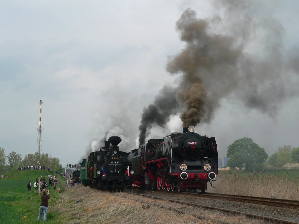 Polnische und tschechische Dampfloks: Pm36-2 und 313 432. Wolsztyn, 1.5.2010