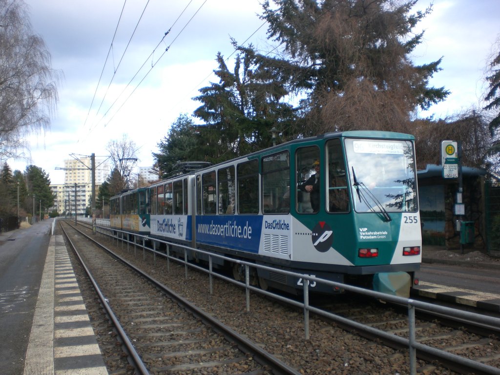 Potsdam: Stra�enbahnlinie 96 nach Kirchsteigfeld Marie−Juchacz−Stra�e an der Haltestelle Potsdam-S�dost Turmstra�e.(12.3.2010)
