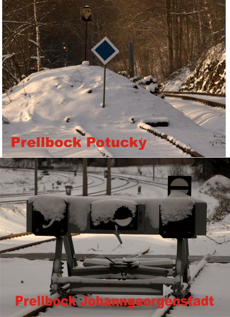 Prellbock DB  -  Prellbock CD , Johanngeorgenstadt-Potucky, so unterschiedlich sie aussehen, ihre Funktion werden sie wohl erfllen. 