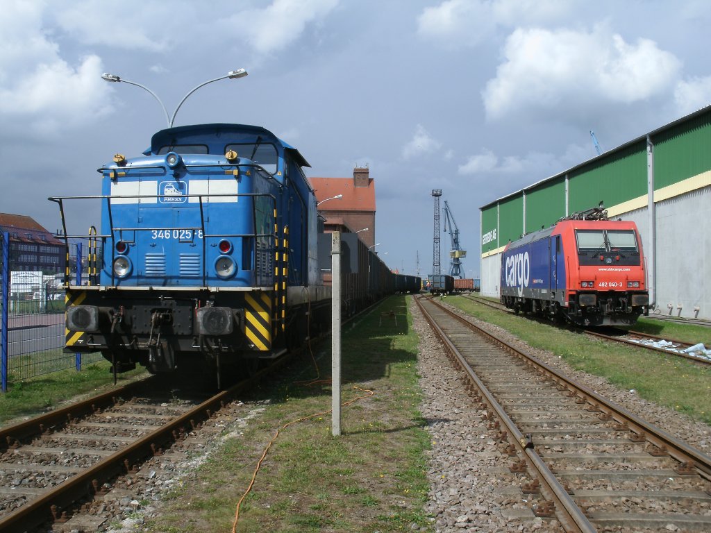 PRESS 346 025 und die Schweizer Re482 040,am 22.August 2012,im Stralsunder Nordhafen.Aufnahme durch den Zaun.