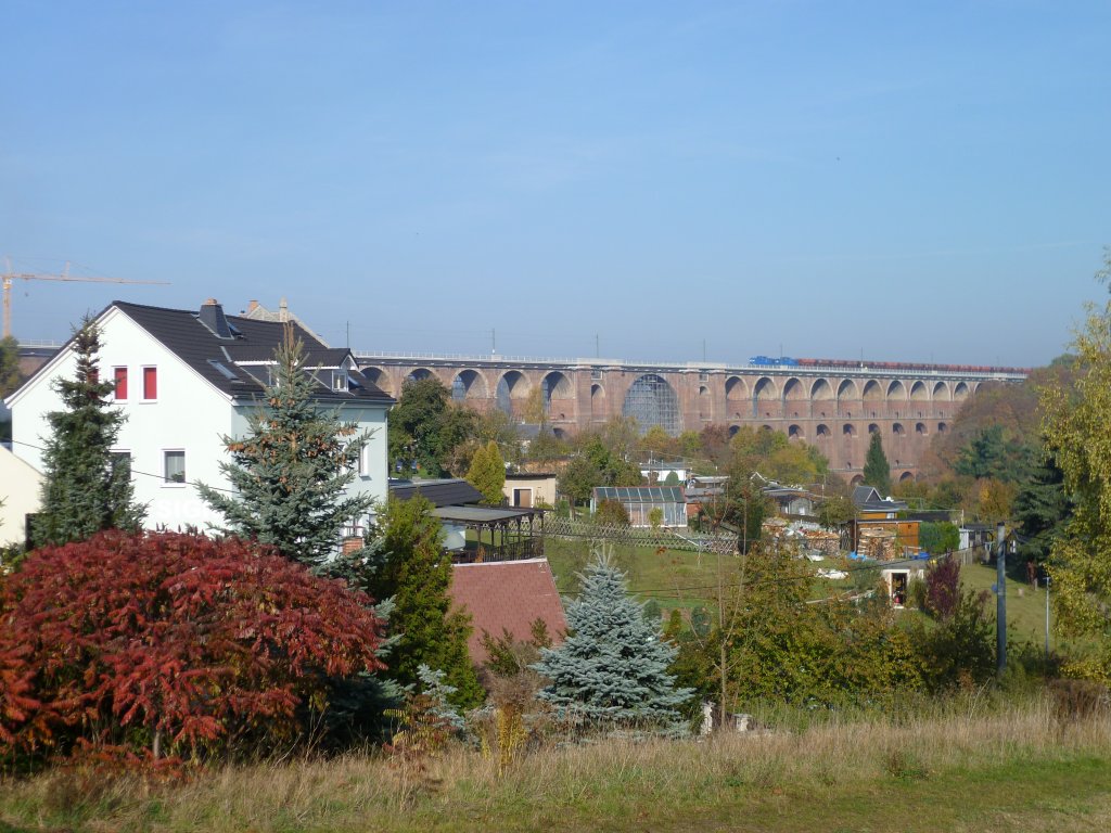 Pressdoppel 204 012-4 und 204 033-9 mit einem Schotterzug auf der Gltzschtalbrcke am 29.10.11.

